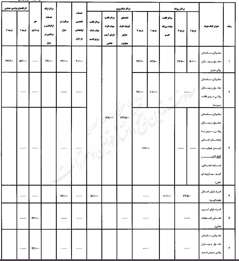 جدول یارانه مراکز توانبخشی و حق پرستاری معلولان در سال ۱۴۰۴/ جزئیات پرداخت به مراکز غیردولتی