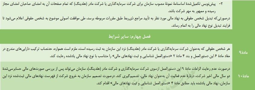 سازمان بورس و اوراق بهادار پیش‌نویس دستورالعمل تاسیس و فعالیت شرکت سرمایه‌گذاری و فعالیت شرکت مادر (هلدینگ) را با هدف ملاحظه و اعلام نظر عموم مردم و فعالان اقتصادی منتشر کرد. پیش‌نویس دستورالعمل تاسیس و فعالیت شرکت سرمایه‌گذاری و فعالیت شرکت مادر (هلدینگ)